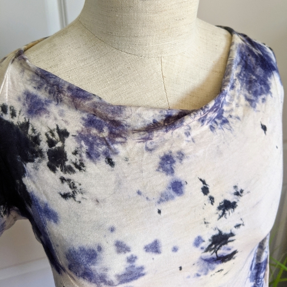 RAGA Tie Dye Top Cropped Bateau Cowl Cap Sleeve Stretch Knit White Blue M NWT - Picture 7 of 8